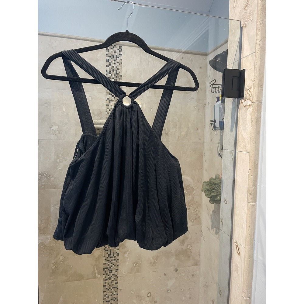 Free People Beach Cropped Black Criss Cross Ruffle Bubble Top Women Size L
